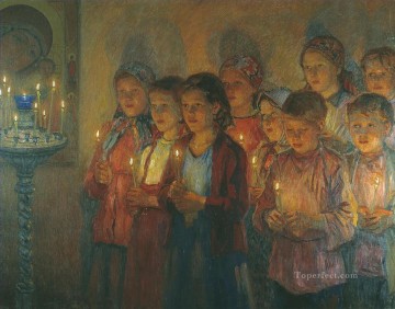 ニコライ・ペトロヴィッチ・ボグダノフ・ベルスキー Painting - 教会にて ニコライ・ボグダノフ・ベルスキー